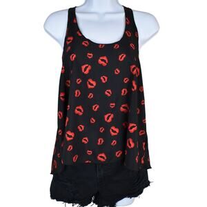 Y2K vintage heart lips kiss flowy black/red sleeveless tank top sz small loose